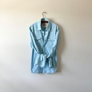 Aqua Blue Western Vintage Hollister Snap Long Sleeve Shirt XL 100% Cotton